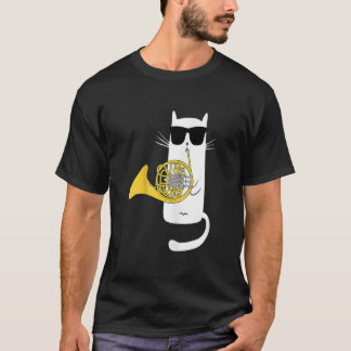 Funny Kat Wearing Sunglasses Spela upp Fransk Horn T Shirt