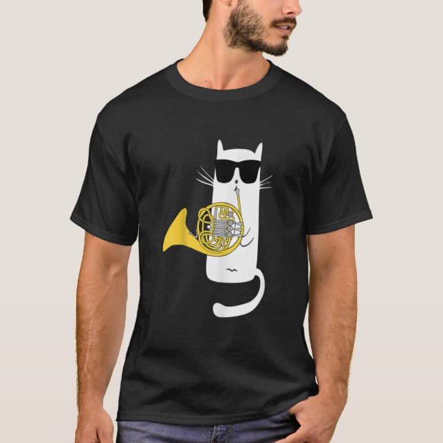 Funny Kat Wearing Sunglasses Spela upp Fransk Horn T Shirt (Framsida)