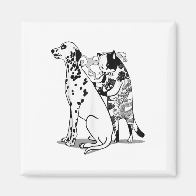 Funny Katt och Hund tröja Tattokonstst Cat Tecknin Magnet (Framsidan)