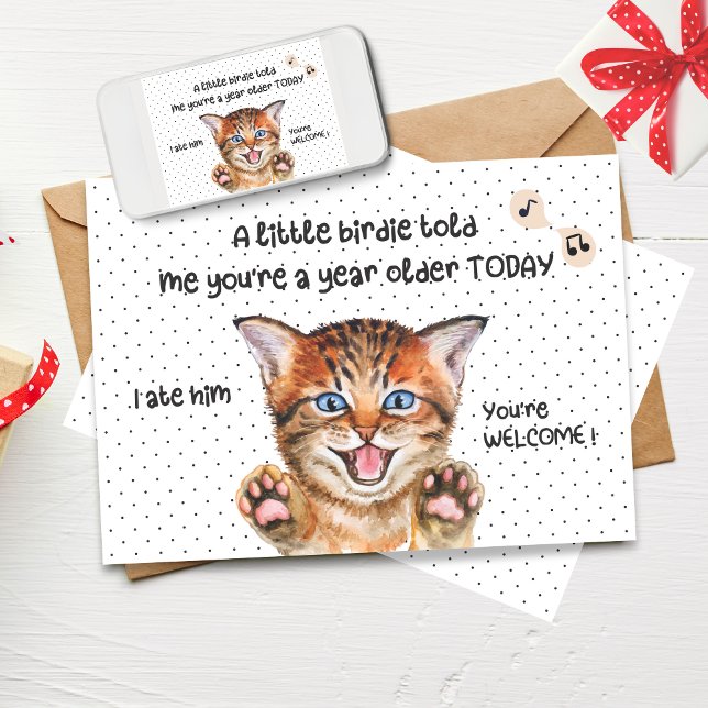Funny kattefödelsedagskort | En liten Birdie berät Kort (Funny Cat Birthday Card | A Little Birdie Told Me)