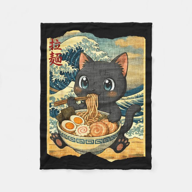 Funny Kawaii Black Cat Ramen Noodle Bowl Japanese  Fleecefilt (Framsidan)