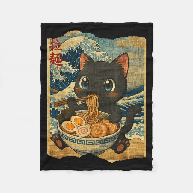 Funny Kawaii Black Cat Ramen Noodle Bowl Japanese  Fleecefilt (Framsidan)