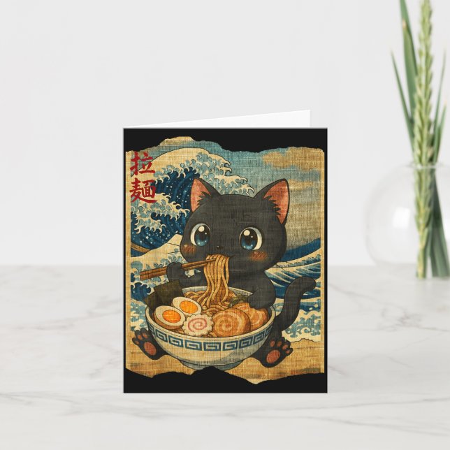 Funny Kawaii Black Cat Ramen Noodle Bowl Japanese  Kort (Framsida)
