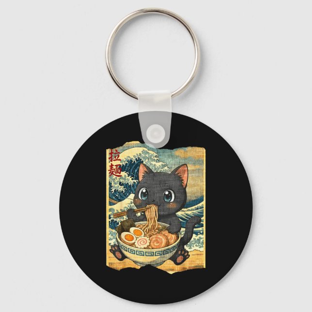 Funny Kawaii Black Cat Ramen Noodle Bowl Japanese  Nyckelring (Framsida)