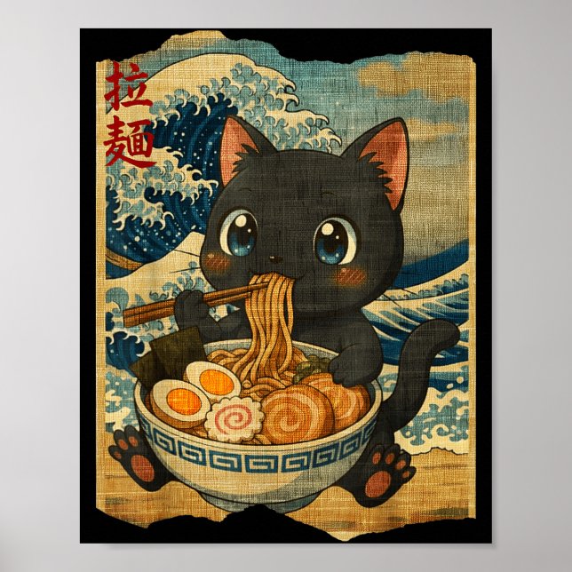 Funny Kawaii Black Cat Ramen Noodle Bowl Japanese  Poster (Framsidan)
