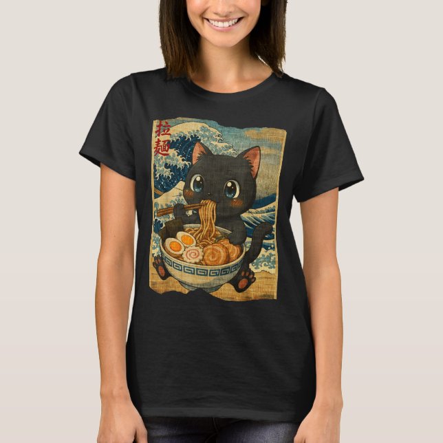 Funny Kawaii Black Cat Ramen Noodle Bowl Japanese  T Shirt (Framsida)