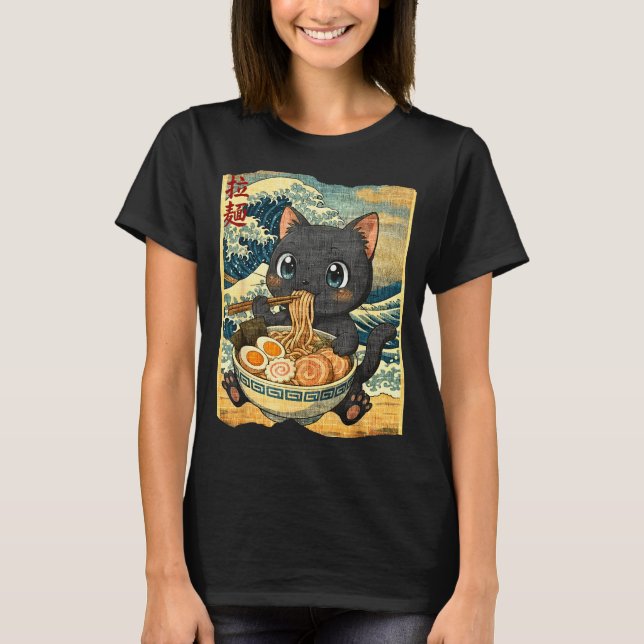 Funny Kawaii Black Cat Ramen Noodle Bowl Japanese  T Shirt (Framsida)