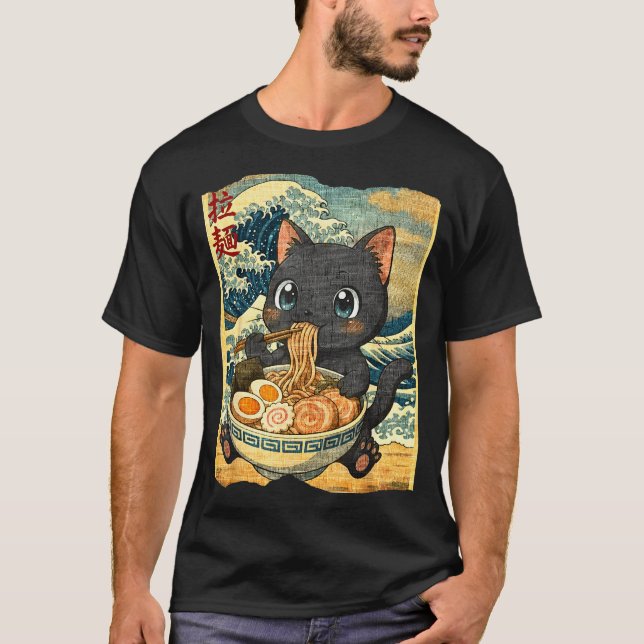 Funny Kawaii Black Cat Ramen Noodle Bowl Japanese  T Shirt (Framsida)