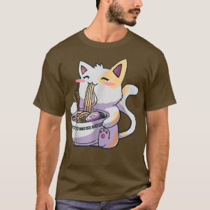 Funny Kawaii Cat Eating Ramen Anime Japansk T Shirt