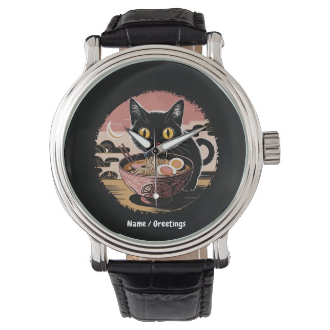 Funny Kawaii Cat Eating Ramen Noodles Cute Anime Armbandsur (Framsida)