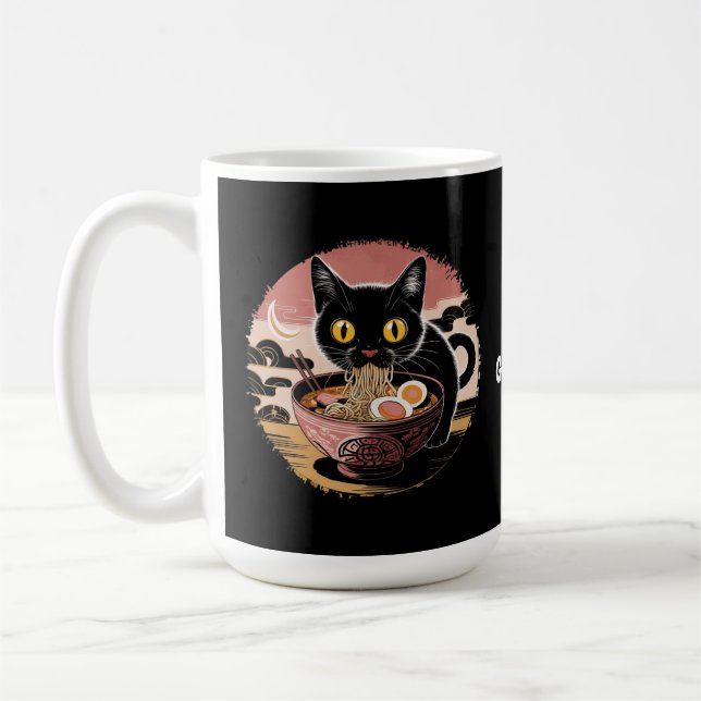 Funny Kawaii Cat Eating Ramen Noodles Cute Anime Kaffemugg (Vänster)