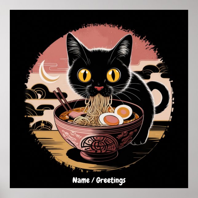 Funny Kawaii Cat Eating Ramen Noodles Cute Anime Poster (Framsidan)