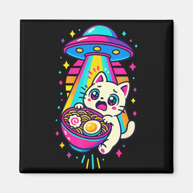 Funny Kawaii Cat Ramen Ufo Japanese Anime Women Gi Magnet (Framsidan)