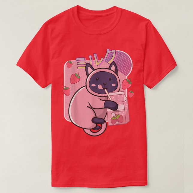 Funny Kawaii Cat Strawberry Mjölk Shake Japansk T Shirt (Design framsida)