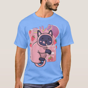 Funny Kawaii Cat Strawberry Mjölk Shake Japansk T Shirt