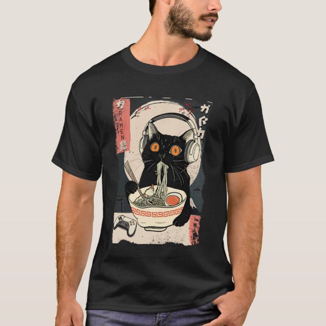 Funny Kawaii Gamer Cat Retro Japanese Cat Ramen Ga T Shirt (Framsida)
