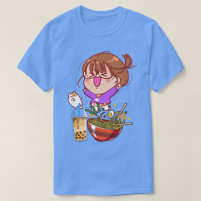 Funny Kawaii Girl Cat Eating Ramen And Boba Milk T T Shirt (Design framsida)