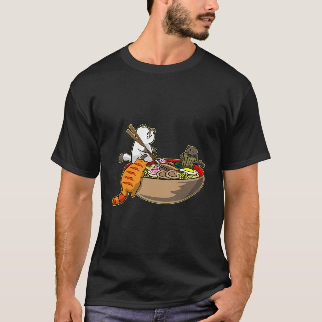 Funny Kawaii Japanska anime Cats Gift Eating Ramen T Shirt (Framsida)