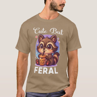 Funny Kawaii Raccoon Drinking Boba Cute But Feral  T Shirt
