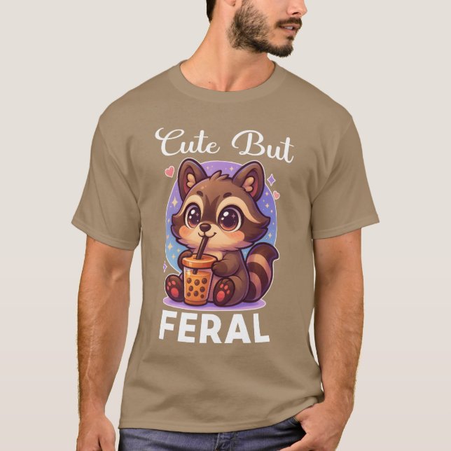 Funny Kawaii Raccoon Drinking Boba Cute But Feral  T Shirt (Framsida)