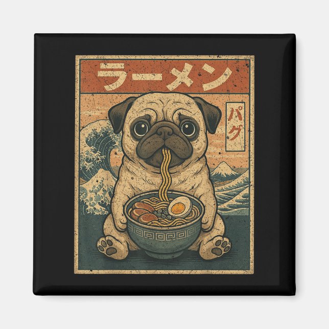 Funny Kawaii Ramen Pug Japansk Noodles Pug Eating Magnet (Framsidan)