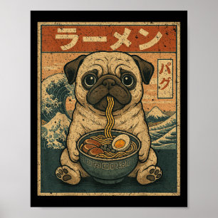Funny Kawaii Ramen Pug Japansk Noodles Pug Eating Poster