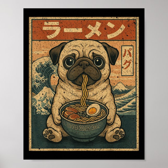 Funny Kawaii Ramen Pug Japansk Noodles Pug Eating Poster (Framsidan)