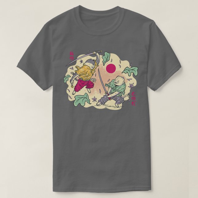 Funny Kawaii Samurai Cat humor skriver ut för ninj T Shirt (Design framsida)
