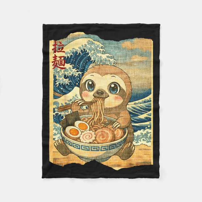 Funny Kawaii Sloth Ramen Noodle Bowl Japanese Wave Fleecefilt (Framsidan)