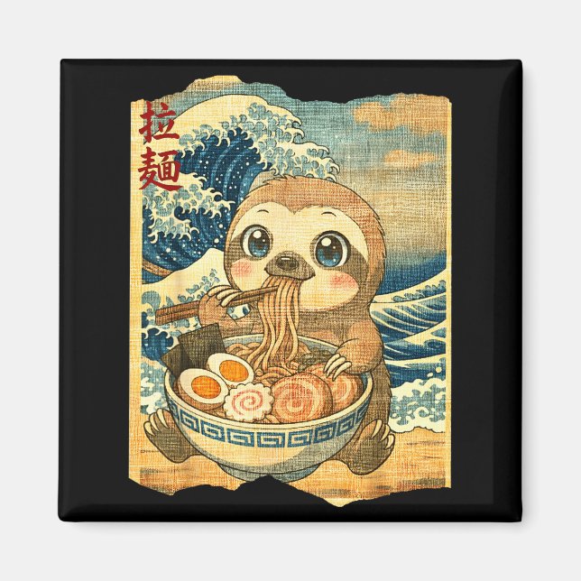 Funny Kawaii Sloth Ramen Noodle Bowl Japanese Wave Magnet (Framsidan)