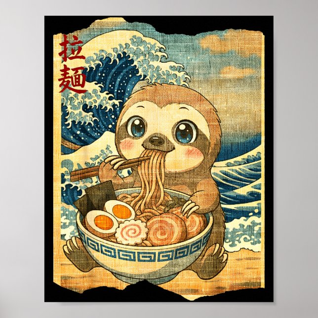 Funny Kawaii Sloth Ramen Noodle Bowl Japanese Wave Poster (Framsidan)
