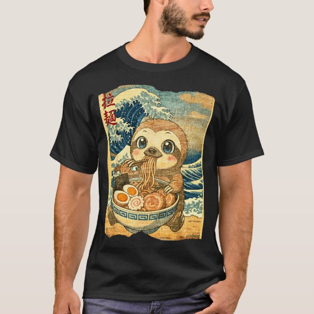 Funny Kawaii Sloth Ramen Noodle Bowl Japanese Wave T Shirt (Framsida)
