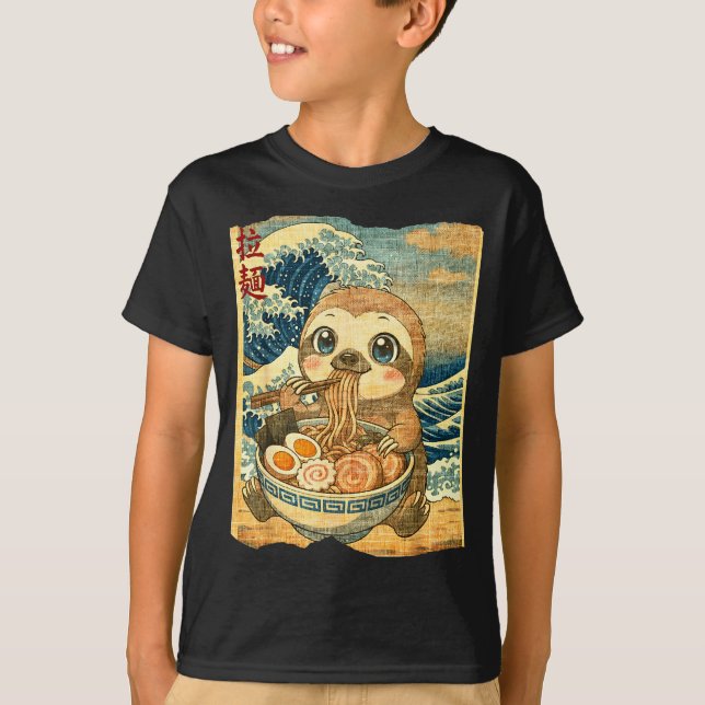 Funny Kawaii Sloth Ramen Noodle Bowl Japanese Wave T Shirt (Framsida)
