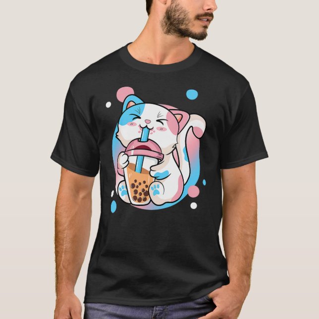 Funny Kawaii Transgender Bubble Tea Cat LGBT Ally  T Shirt (Framsida)