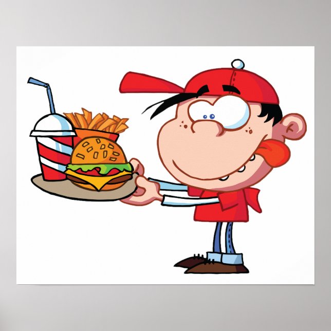Funny Kid Fast Food Älskare Burger, Fries and Drin Poster (Framsidan)