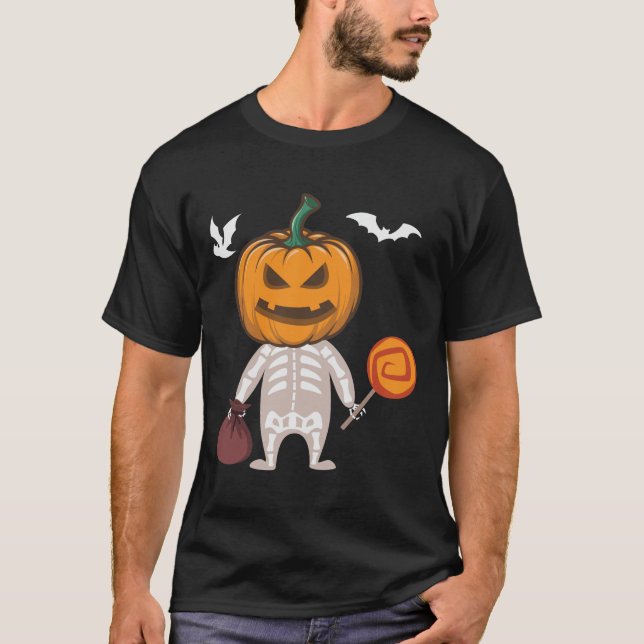 Funny Kid Skeleton Pumpkin Head Candy T Shirt (Framsida)
