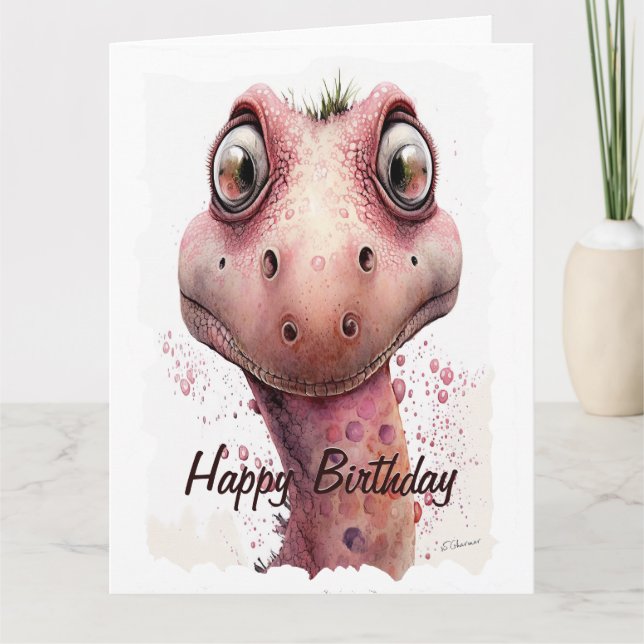 Funny Kids Cute och Lovable Rosa Dinosaur Birthday Kort (Framsida)