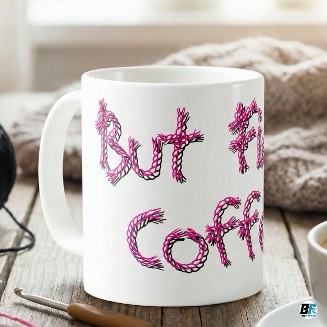Funny Knitting Crochet "But First Coffee" Pink Yar Kaffemugg (Skapare uppladdad)
