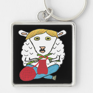 Funny Knitting Sheep Fyrkantig Silverfärgad Nyckelring