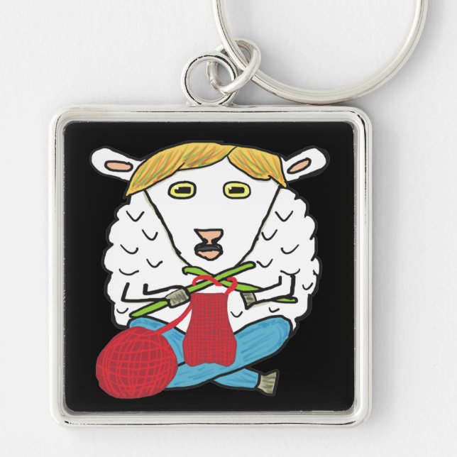 Funny Knitting Sheep Fyrkantig Silverfärgad Nyckelring (Framsidan)