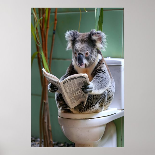 Funny Koala Bathroom Print, Reading Newspaper Poster (Framsidan)