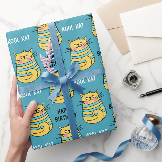 Funny Kool Kat Tecknad Blue Birthday Presentpapper (Gifting)