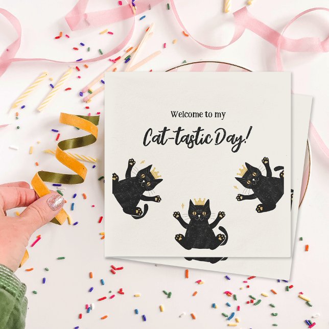 Funny Krona Black Cat Birthday Pappersservett (Funny Crown Black Cat Birthday Napkins)