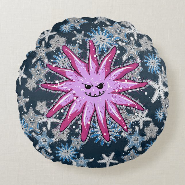 Funny Krona-of-Thorns Starfish med en smirk Rund Kudde (Framsidan)