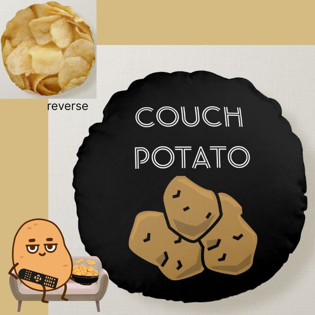 Funny "Kumpotatis" + Potato Chip Binge Watching Rund Kudde (This funny Couch Potato cushion is perfect for the lovable sloth in your life. Choice of colors.)