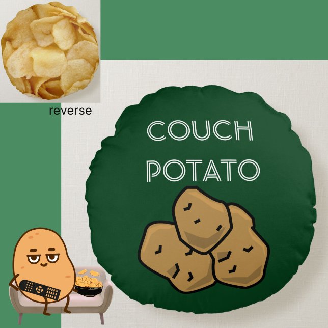 Funny "Kumpotatis" + Potato Chip Binge Watching Rund Kudde (This funny Couch Potato cushion is perfect for the lovable sloth in your life. Choice of colors.)