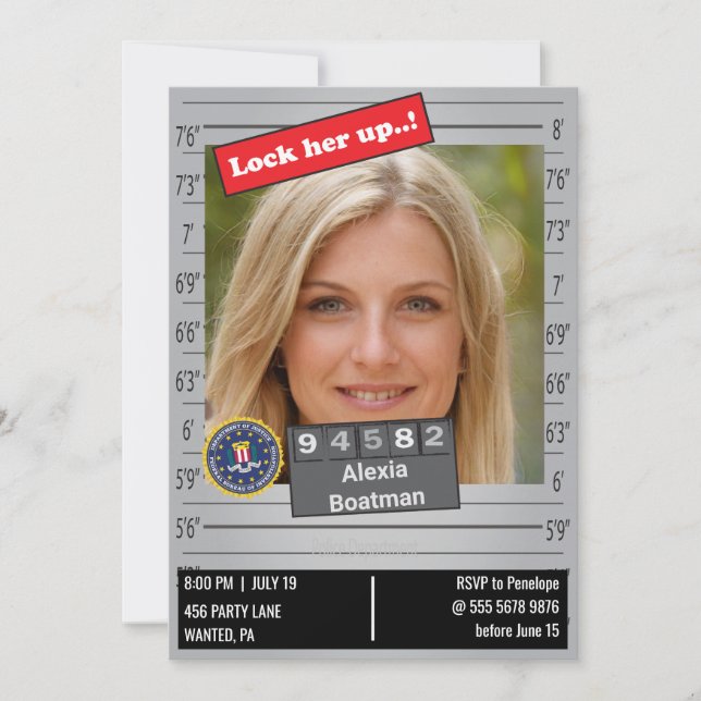 Funny kvinnopolis Mugshot Birthday Joke Inbjudningar (Framsida)