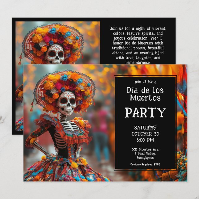 💀 Funny La Calavera i hatt med blommor Inbjudningar (Fram/baksida)