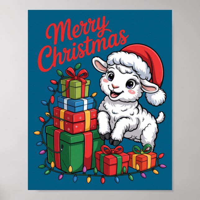 Funny Lamb Santa Hat Animals Lovers Ugly Christmas Poster (Framsidan)
