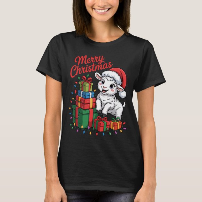 Funny Lamb Santa Hat Animals Lovers Ugly Christmas T Shirt (Framsida)